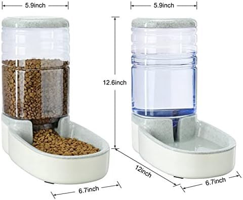 Automatic Dog Cat Feeder and Water Dispenser Gravity Food Feeder and Waterer Set with Pet Food Bowl for Small Medium Dog Puppy Kitten, Large Capacity 1 Gallon x 2(Grey)