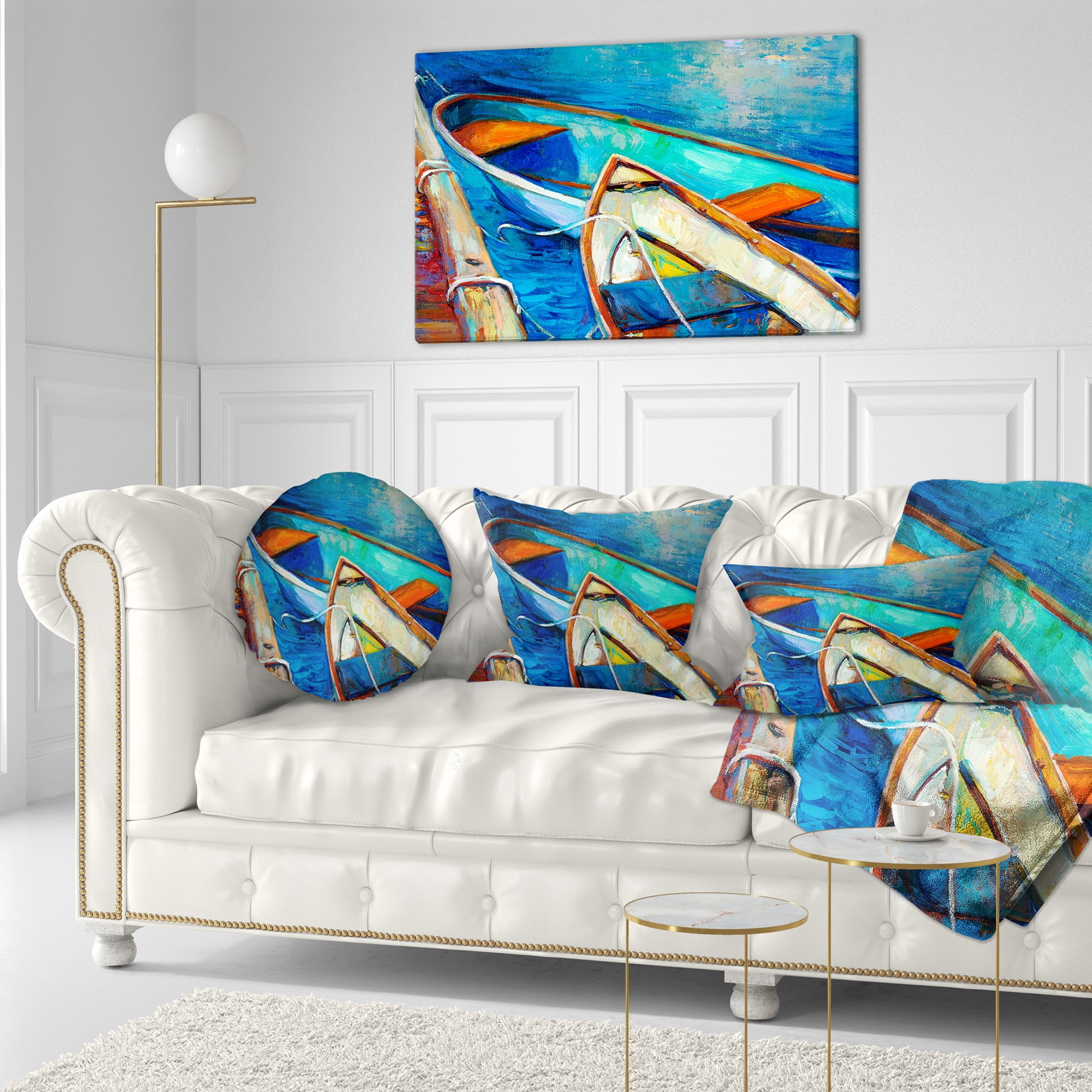 Designart Boats and Pier in Blue Shade - Seascape Throw Pillow - 12x20