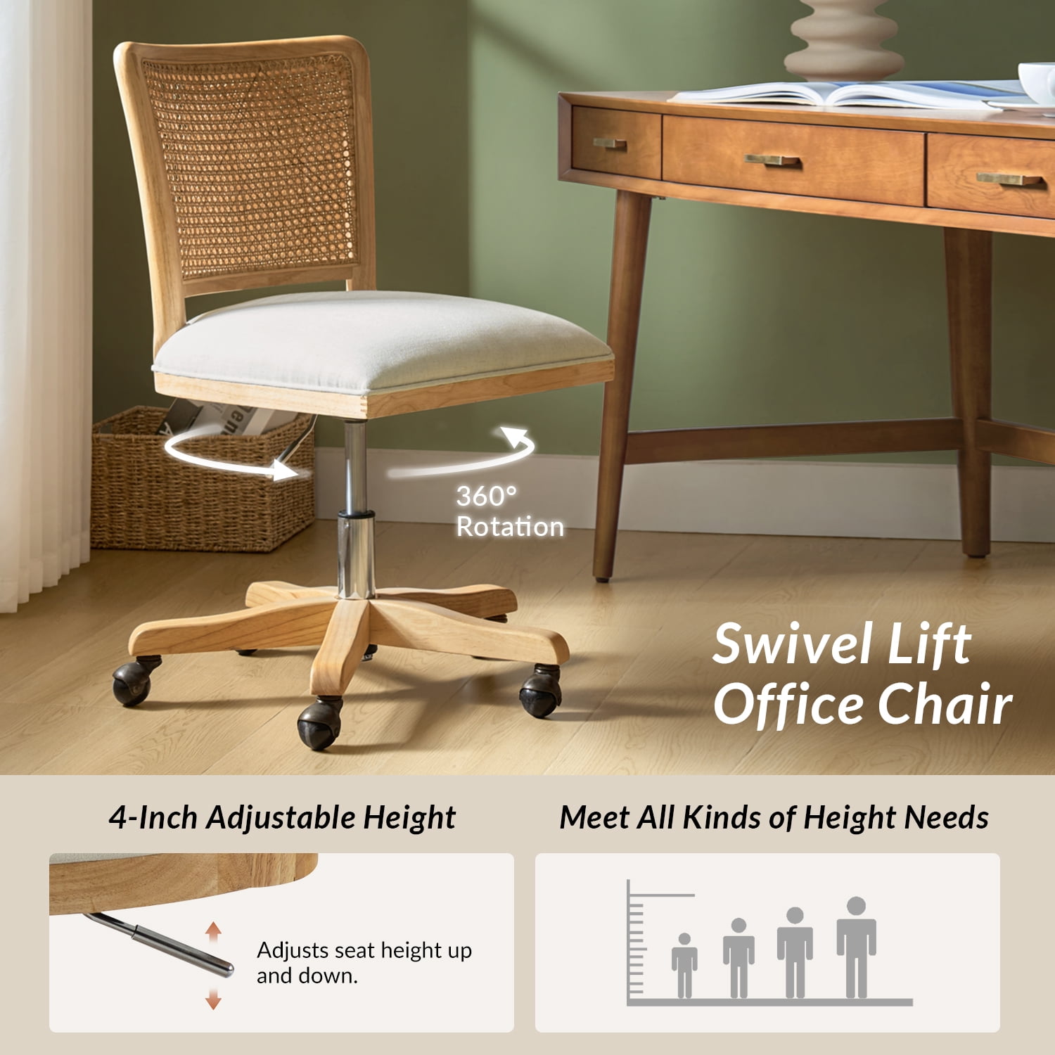 Swivel Office Chair Wooden Rattan Back Adult Task Chair Living Office Room, Beige
