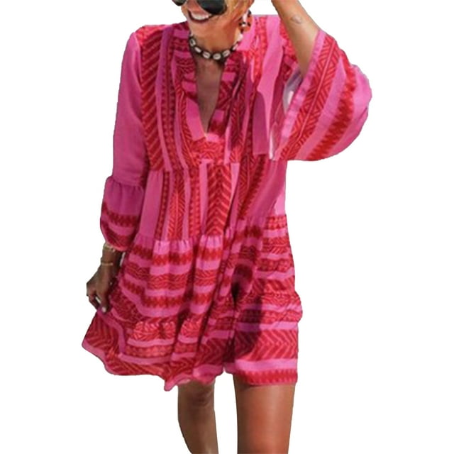 Innerwin Mini Robes Col en V Femme Robe Courte Fête Longue Ample Été Plage Robe Rose S