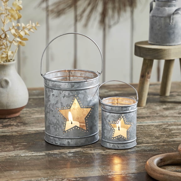 VHC Brands Patriotic Metal Votive Candle Holder w/ Star Cutout Galvanized Set of 2 Sizes, Independence Day Decor, Decorative Table Top Accent, Fourth of July Decorations, Galvanized Grey