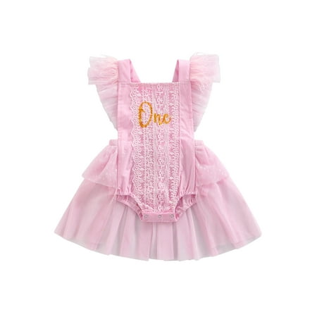 

Nokpsedcb Infant Baby Girl Feather Fly Sleeve Romper Fashion Letter Mesh Yarn Skirt Back Tie-up Triangle Jumpsuits Pink 3-6 Months