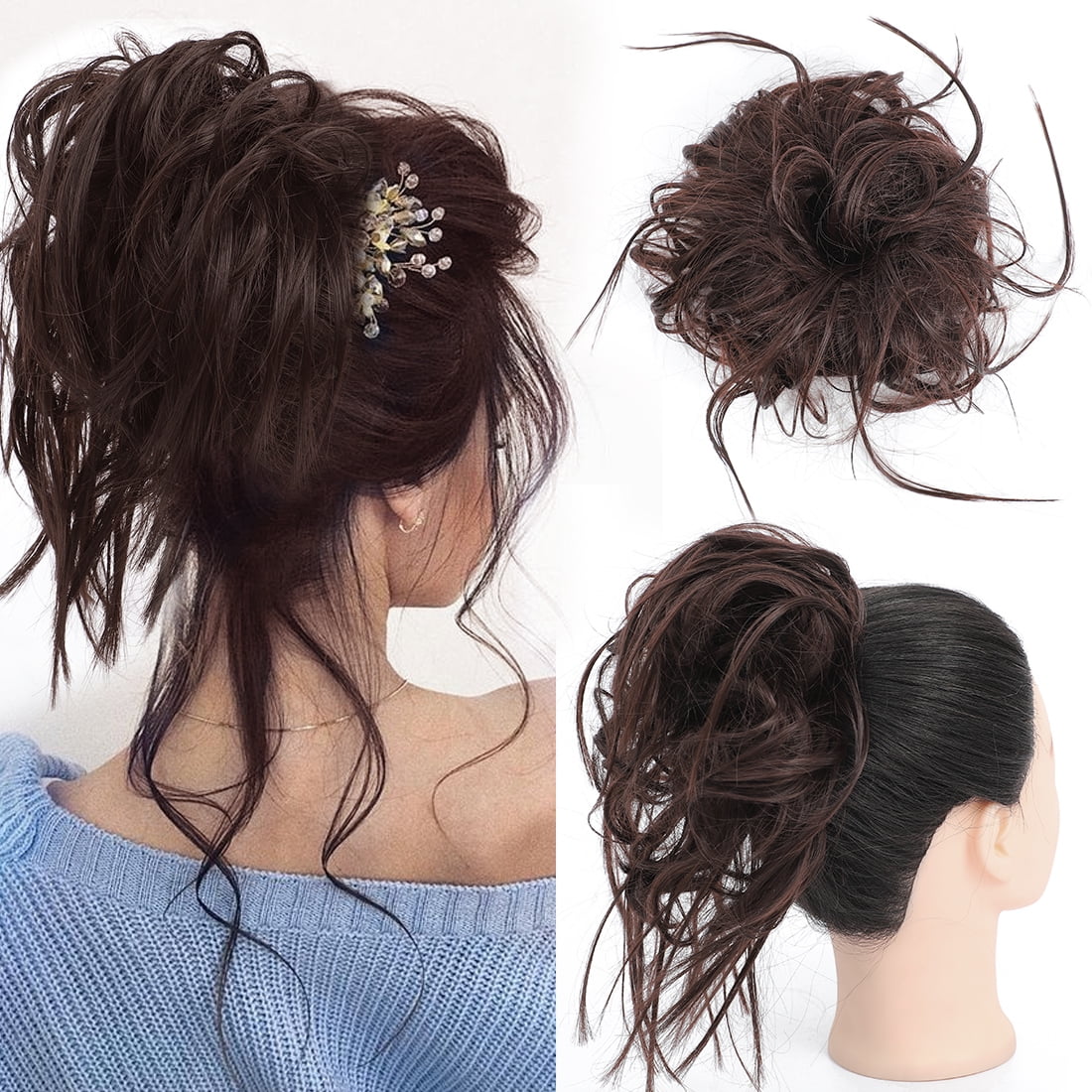 MORICA 1PCS Tousled Updo Messy Bun Hair Piece Extension with Elastic Rubber Band Synthetic Scrunchies Ponytail for Women