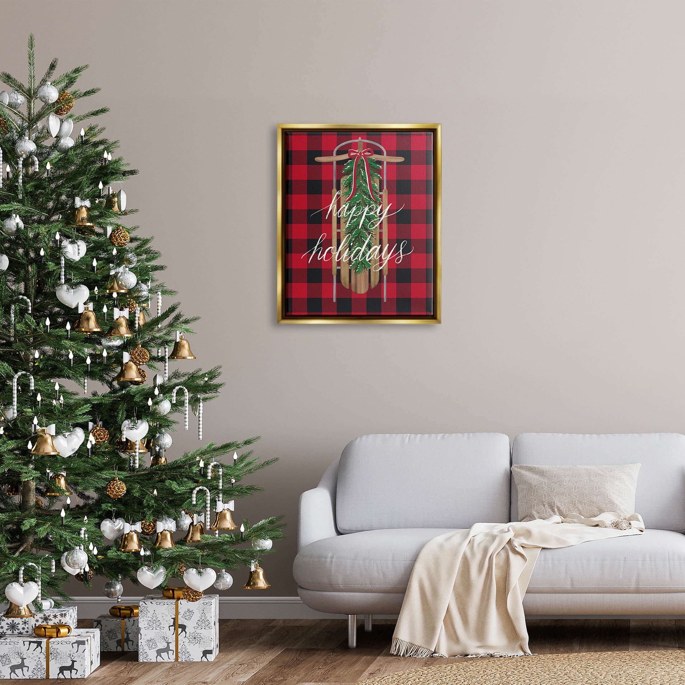 Stupell Industries Happy Holidays Tartan Sled Graphic Art Metallic Gold Floating Framed Canvas Print Wall Art, Design by Amanda McGee