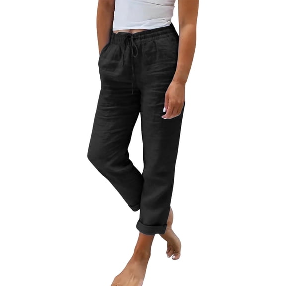 JFGHDG Cotton Linen Relax Fit Tapered Pants Women High Waisted Drawstring Elastic Waist Cuffed Ankle Casual Beach Daily Trousers with Pockets Black L