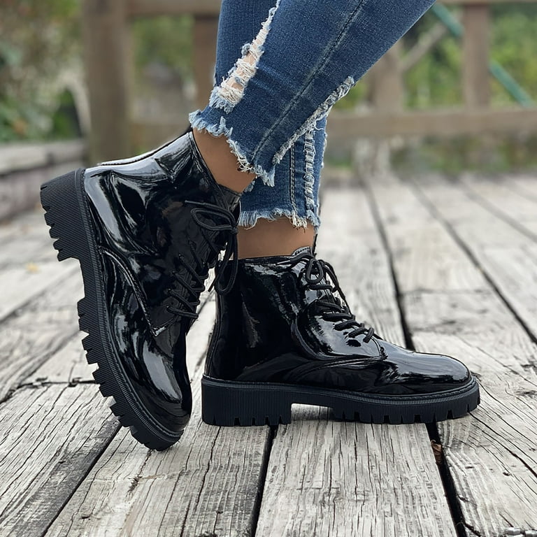 Zizocwa Women s Low Heel Ankle Boots Ladies Solid Color Bright Leather Lace Up Thick Heel Short Boots Walking Booties Short Boots for Women Low Heel
