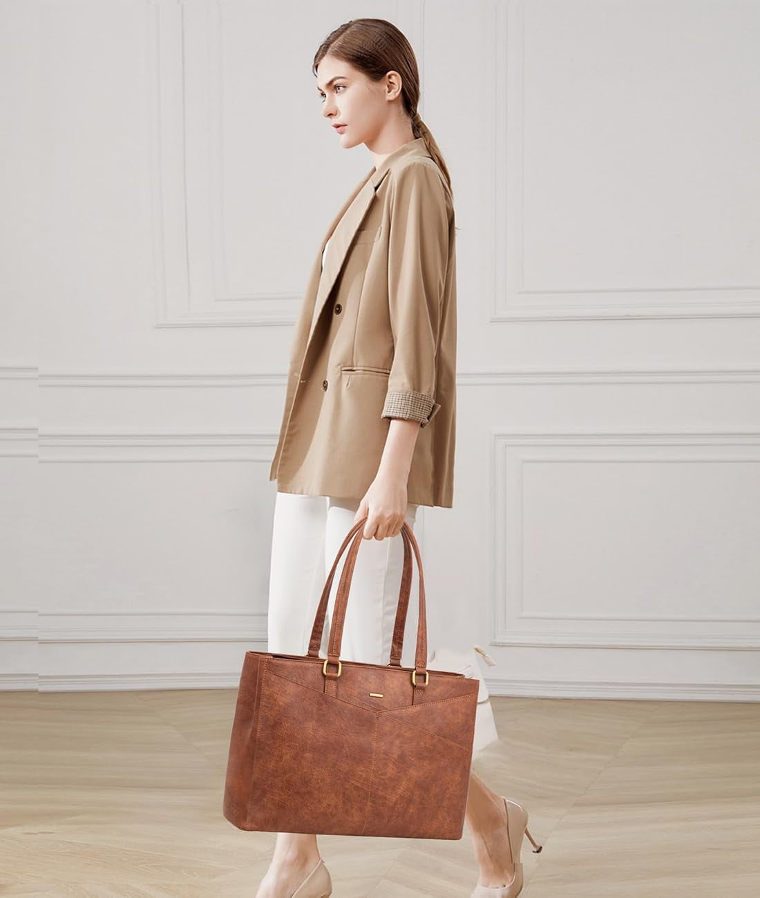 RKXQT Laptop Bag for Women 15.6 Inch Tote Bags Waterproof Leather Briefcase Computer Women Business Office Work Bag,Vintage Brown