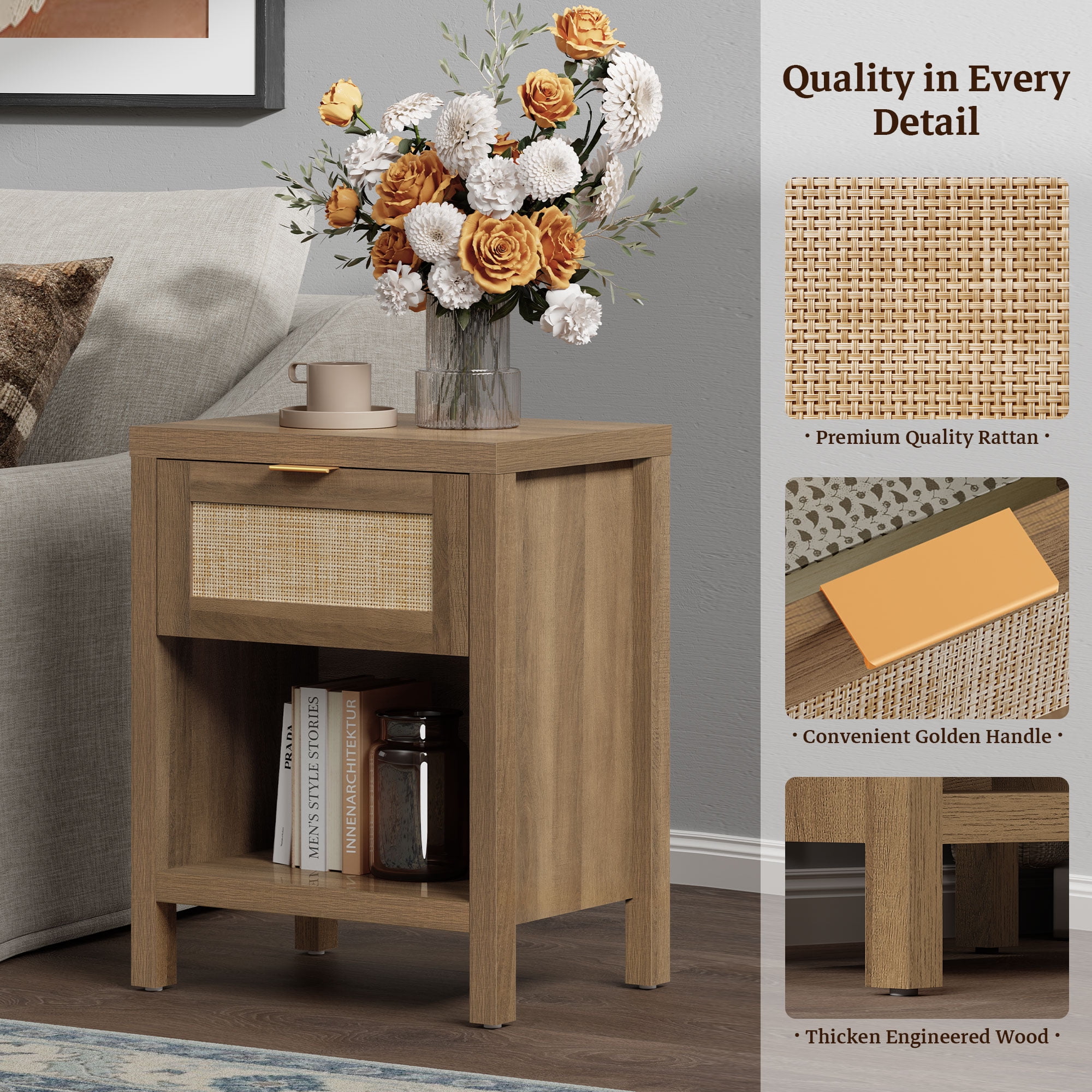 SICOTAS Rattan Nightstands Set of 2 with Drawer and Storage, Bedside Tables