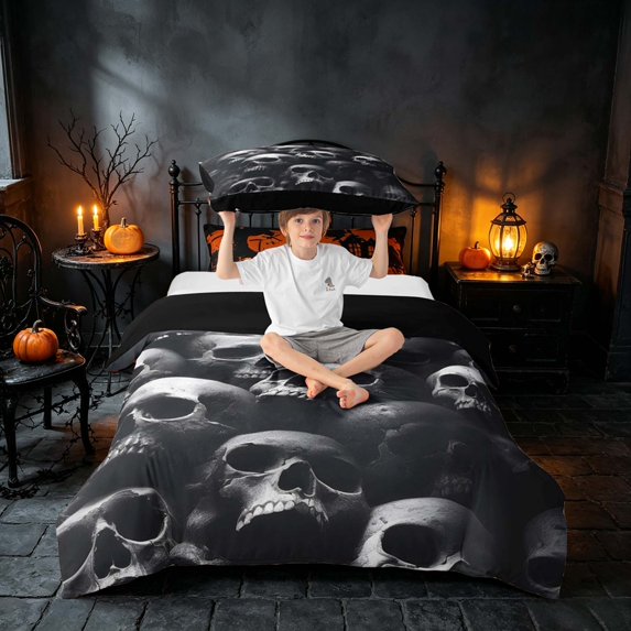 Homewish Halloween Candy Skull Twin Duvet Cover, Gothic Skeleton Twin Bedding, Charcoal Gray, Black Reversible 2pcs, 1 Duvet Cover and 1 Pillowcase