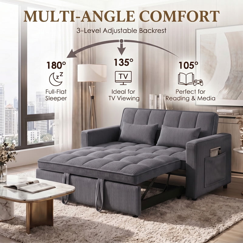 Gewnee 54" Sofa Bed, Convertible Sleeper Sofa & Pull Out Couch with Adjustable Backrest and Storage Pocket, Gray(Corduroy)