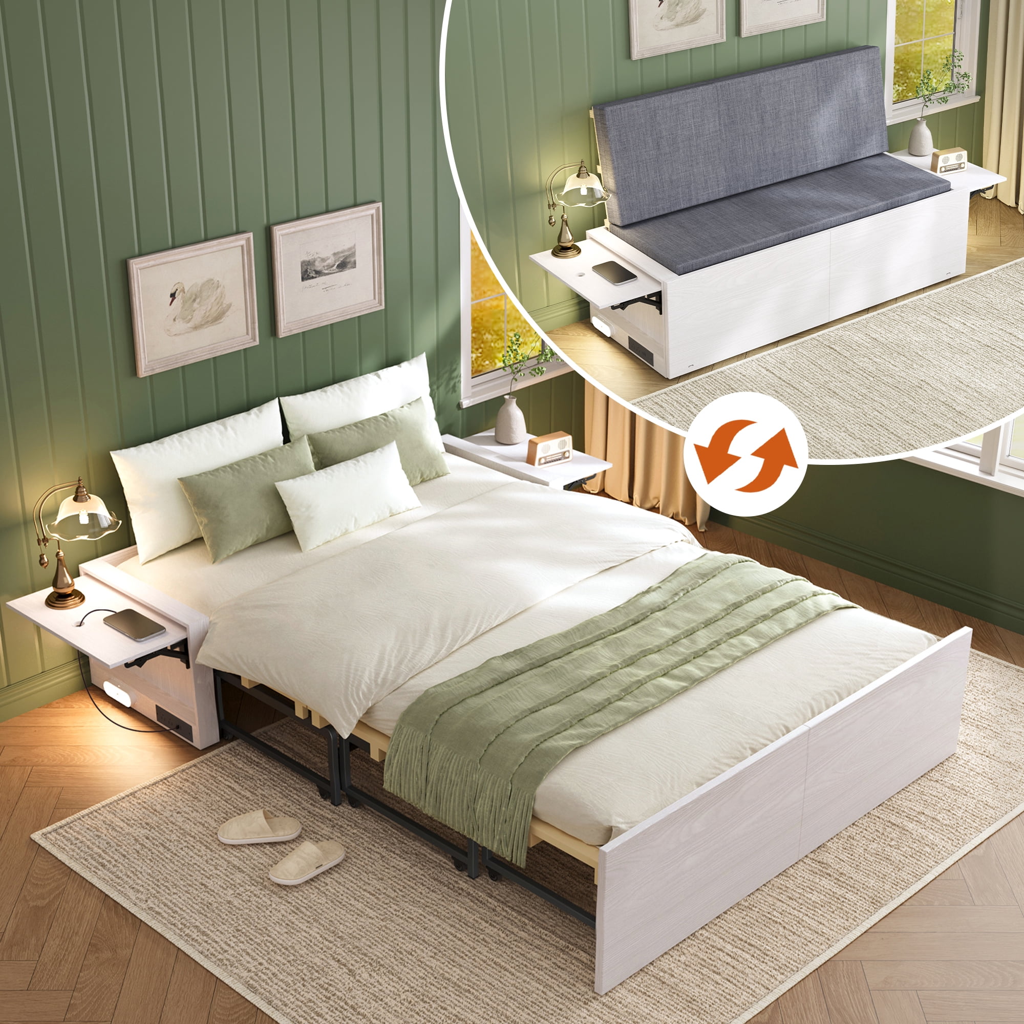 Full Murphy Bed with Mattress,Full Size Cabinet Bed with Folding Nightstand and Charging Station & LED Light,Multifunctional Space-Saving Wall Bed for Bedroom, Guest Room,Office,White