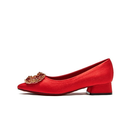 

Women‘s Circle Rhinestone Chunky Low Heels Comfortable Red Pointed Toe Wedding Shoes Slip-on Shoes