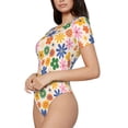 thumbnail image 2 of KLL Women 's Crew Neck Bodysuit Jumpsuits Groovy Daisy Flowers Print Short onesies Stretch T Shirts, 2 of 7