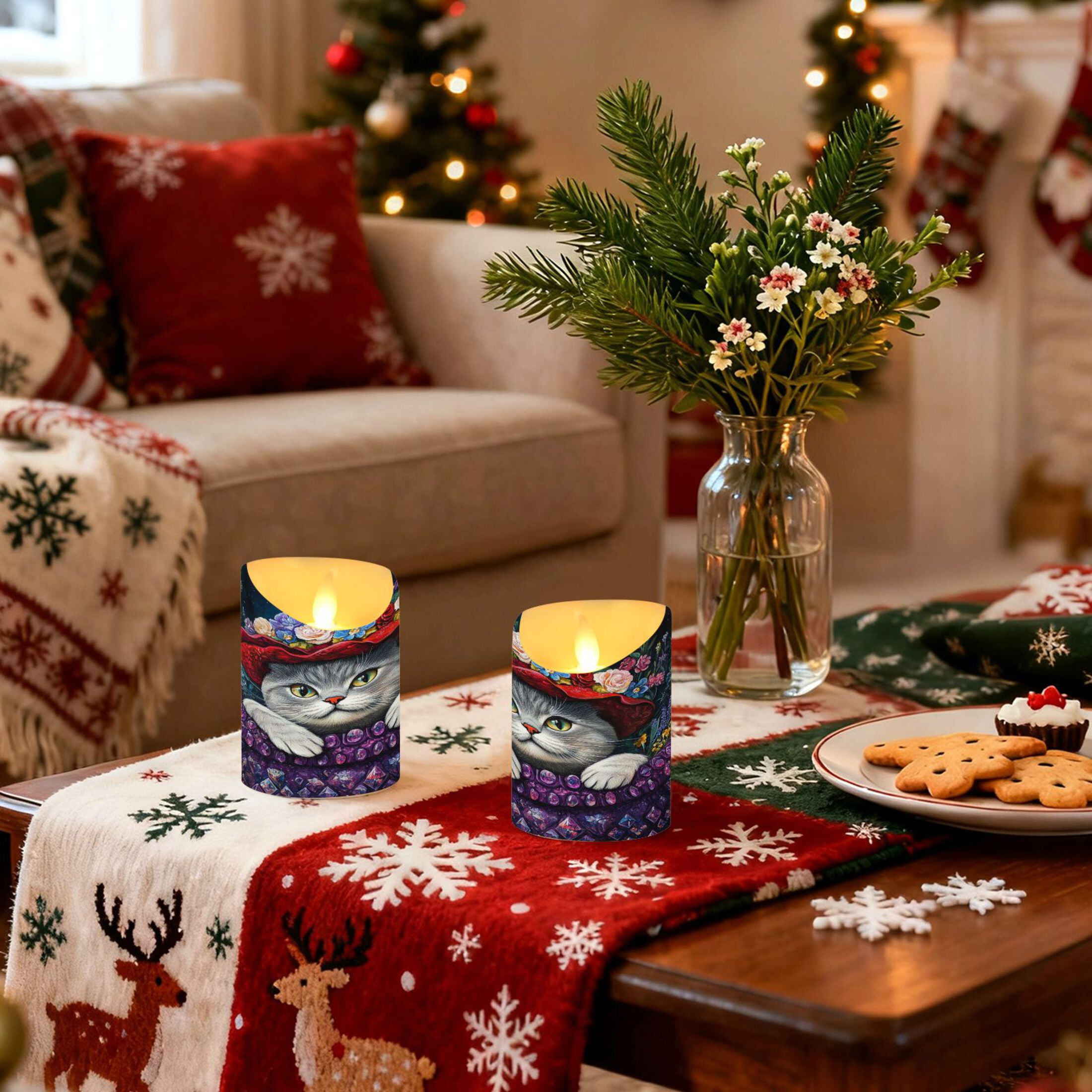 Wobogo Cute Cat Wearing Wreath Flameless Candles with Remote Battery Operated Flickering LED Candles with Timer 2/4/6/8H Medium Size