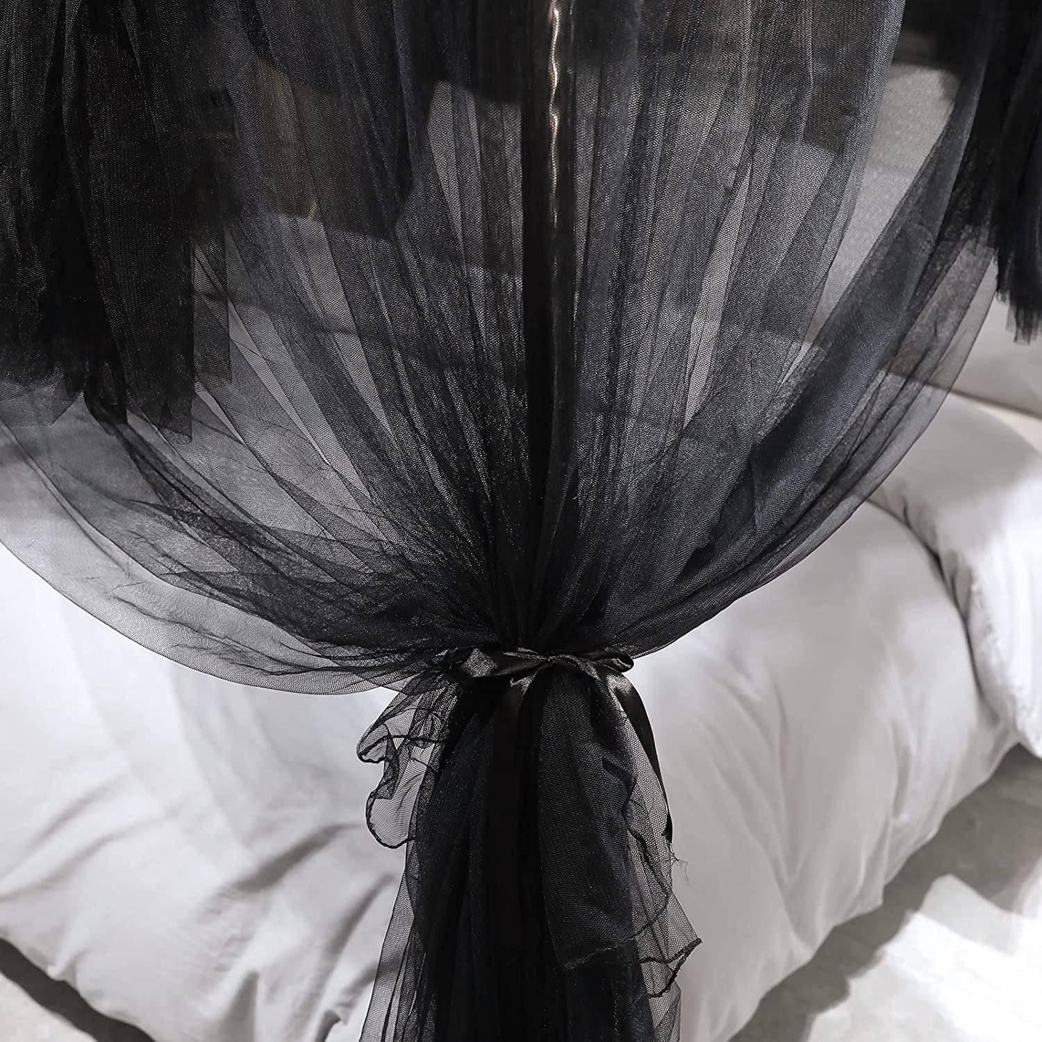 4 Corners Post Canopy Bed Curtain Black- Queen Size Royal Luxurious Cozy Drapes Netting- Elegant Bedroom Decoration Accessories for Adults
