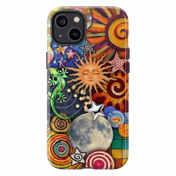Cosmic Sun & Moon Collage Phone Case, Trippy Celestial Galaxy Psychedelic Aesthetic Protective Cover for iPhone 16 15 14 13 12 11 Pro Max Plus Mini