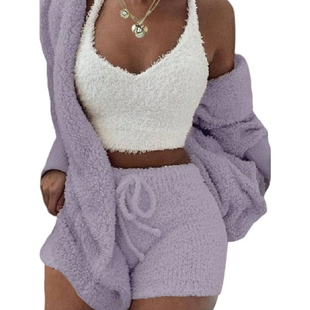 

Colisha Women Lounge Set Plush Crop Tops Outerwear and Shorts Casual Solid Pajamas Sleepwear