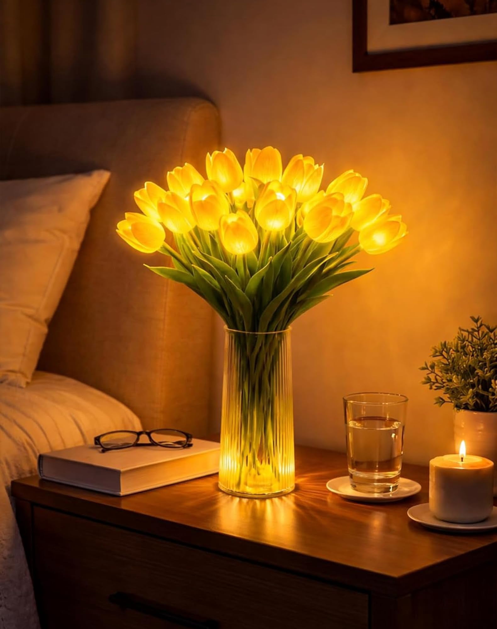 Tulip LED Light Lamp, 15PCS Artificial Tulip Flowers Light, Warm White Night Light with Adjustable Stems for Bedroom Bedside Romantic Decor Gift