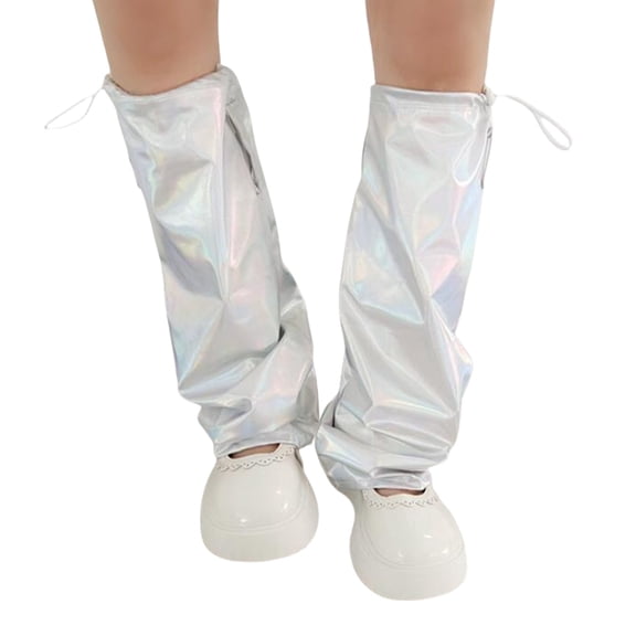 Women Punk Baggy Loose Leg Warmers Gaiters with Drawstring Shinning Metallic Foot Covers Sleeve Flared Socks Streetwear