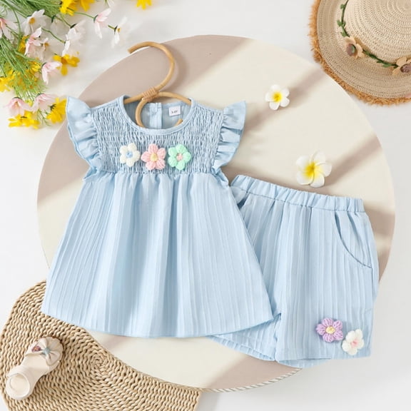 Girls' Short Sleeve Two Piece Summer Outfit Floral Playwear Set Play Clothing Bow Detail