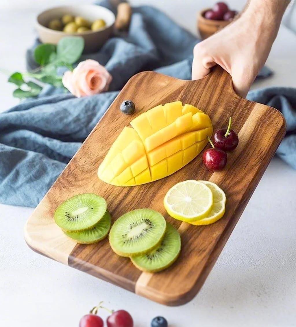 Acacia Wood Serving Board with Handle, Small Size 11" x 8"- Wooden Cutting Chopping Board for Meat, Vegetables, Bread, Charcuterie, Cheese Board - Food Serving Tray for Kitchen Appetizers