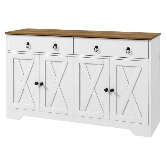 SAZYY White Sideboard Buffet with 2 Drawers, 4 Barn Doors & 2 Adjustable Shelves, Kitchen Cabinet for Living Room