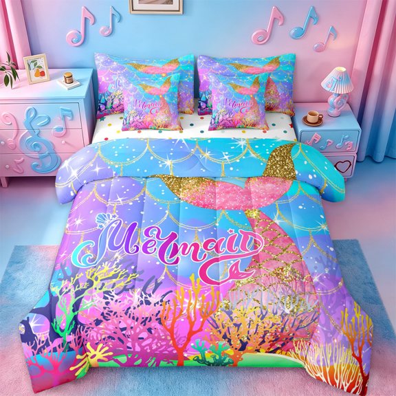 Manfei Ocean Mermaid 7-Piece Twin Bedding Sets,Colorful Sea Coral Bedding Comforter Set,Gold Glitter Print Sheet Sets For Girls,Luxury Bedroom Decor Reversible