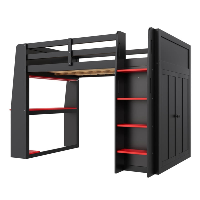 Full Size Wooden Loft Bed with Built-in Desk & Charging Station, Kids Storage Bed Frame with LED Light & Double Door Wardrobe