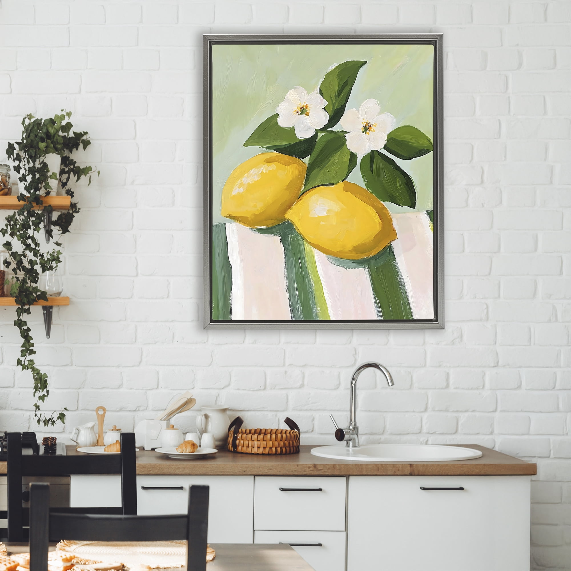 Stupell Industries Lemons And Daisies on Tablecloth Gray Framed Floater Canvas Wall Art, design by The Prints Vibe