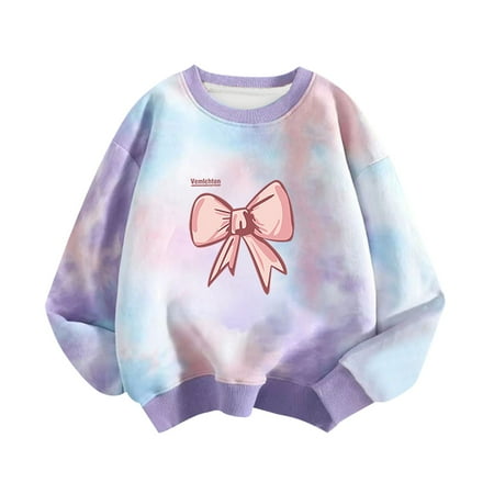 

Miluxas Girls Sweatshirts Clearance Long Sleeve Bow Graphic Tie-dyed Pullover Crewneck Tops Shirts Purple 6 Years