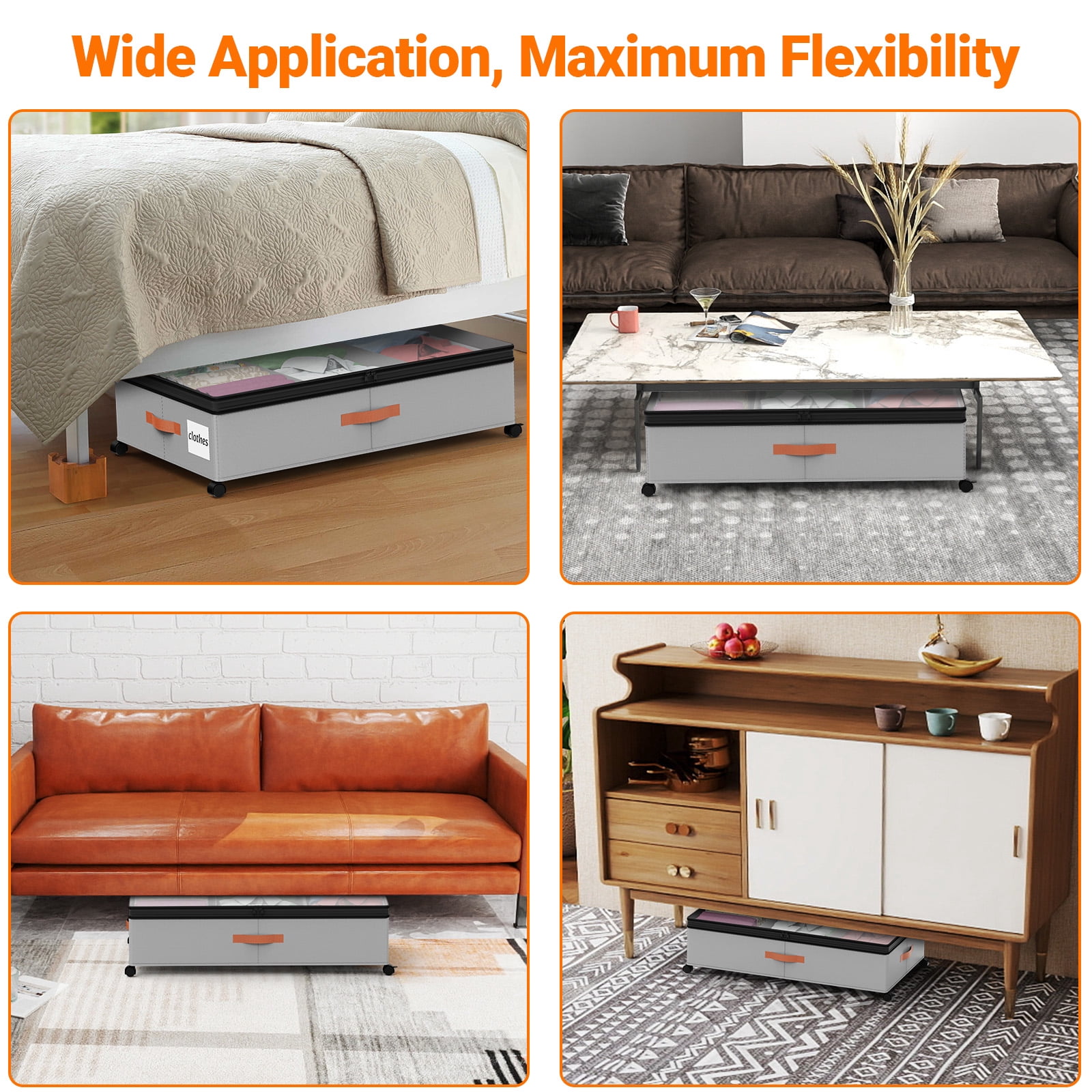 LIZEVINC 2-Pack Large Under Bed Storage with Wheels and Lids – Adjustable Height Rolling Storage Bins with Dividers, Space-Saving Underbed Organizer for Clothes, Shoes, Blankets（Gray）