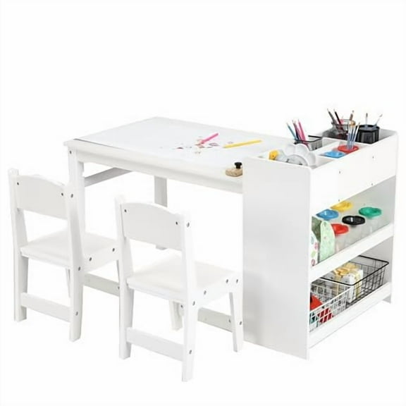 Kids Art Table with 2 Chairs, Toddler Craft Play Wood Activity Desk with Large Storage Shelves,Wood Activity Desk for Writing Drawing Suitable for Nursery & Classroom
