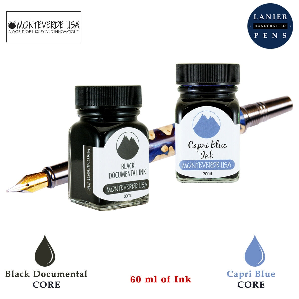 Monteverde 60ml Core Fountain Pen Ink Bottle (30ml Black Documental Ink Bottle G309DB, 30ml Capri Blue Ink Bottle G309CB)