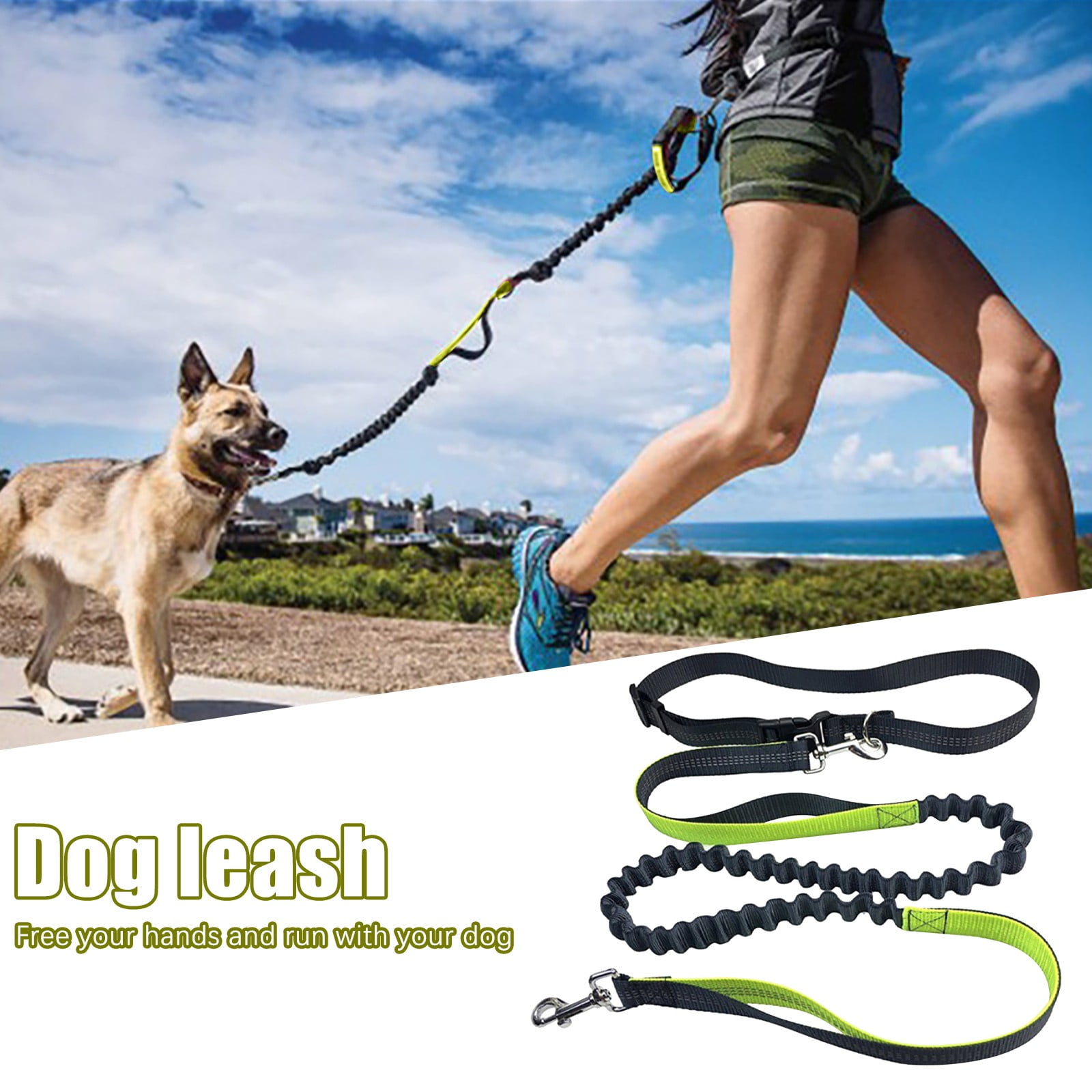 Hands Free Dog Training Leash for Large to Small Dogs 25mm, Black Reflective Waist Leash for Running No Pull Bungee Heavy Duty Long Leash with Double Handle Car Seat Belt 