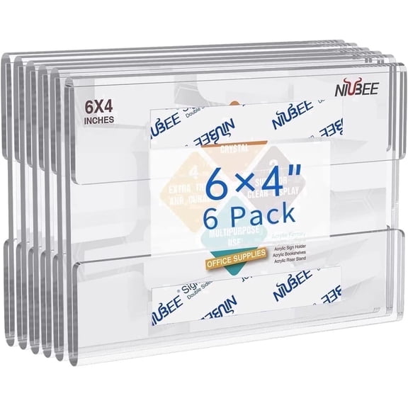NIUBEE Wall Mount Acrylic Sign Holder 6x4 Clear, Self-Adhesive Plastic Paper Holder with 3M Tape, No Drilling Frame for Door, Wall, Office & Home (6Pack)