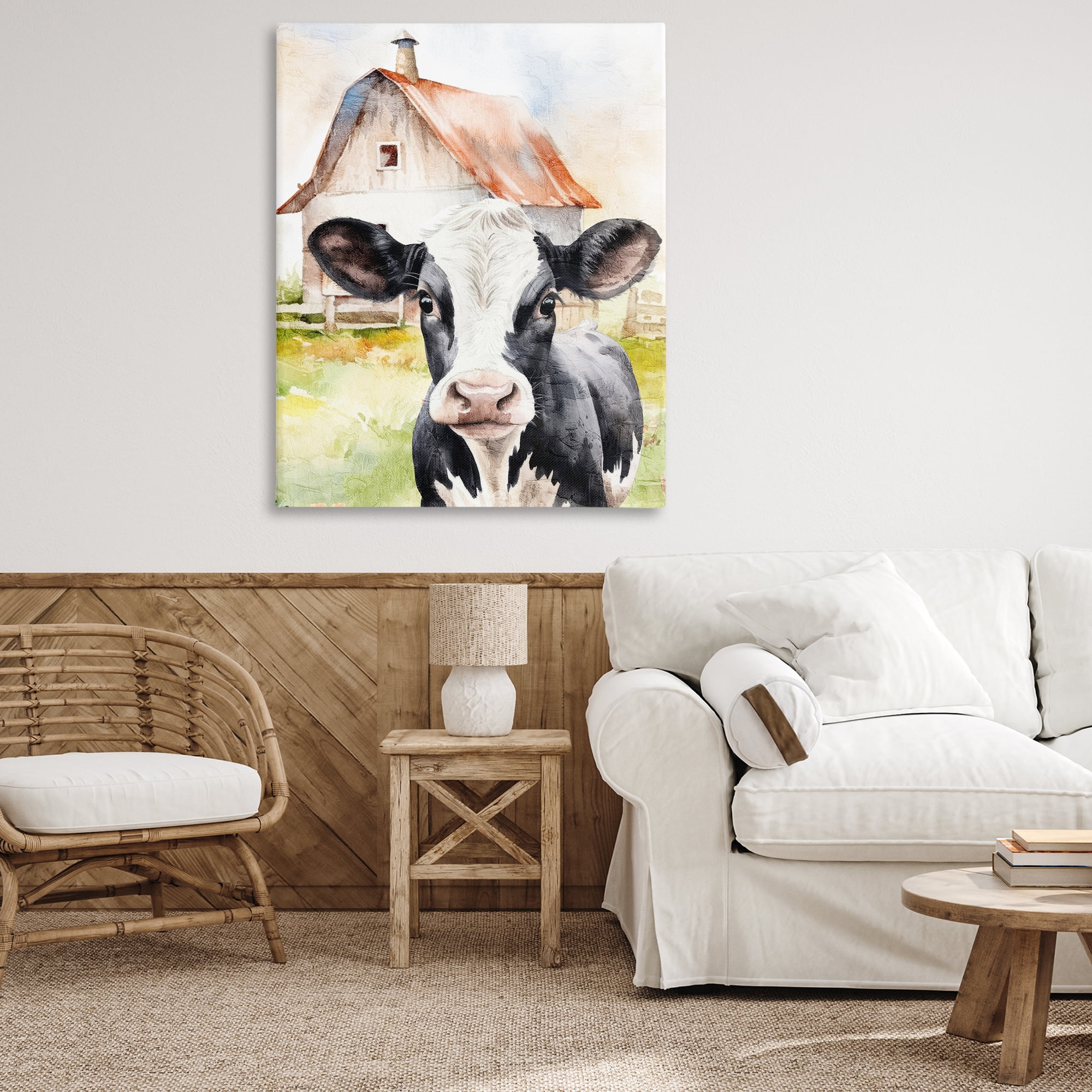 Stupell Industries Cow Little at Farm Animals Painting Wrapped Canvas Art Print Wall Art, 36 x 48