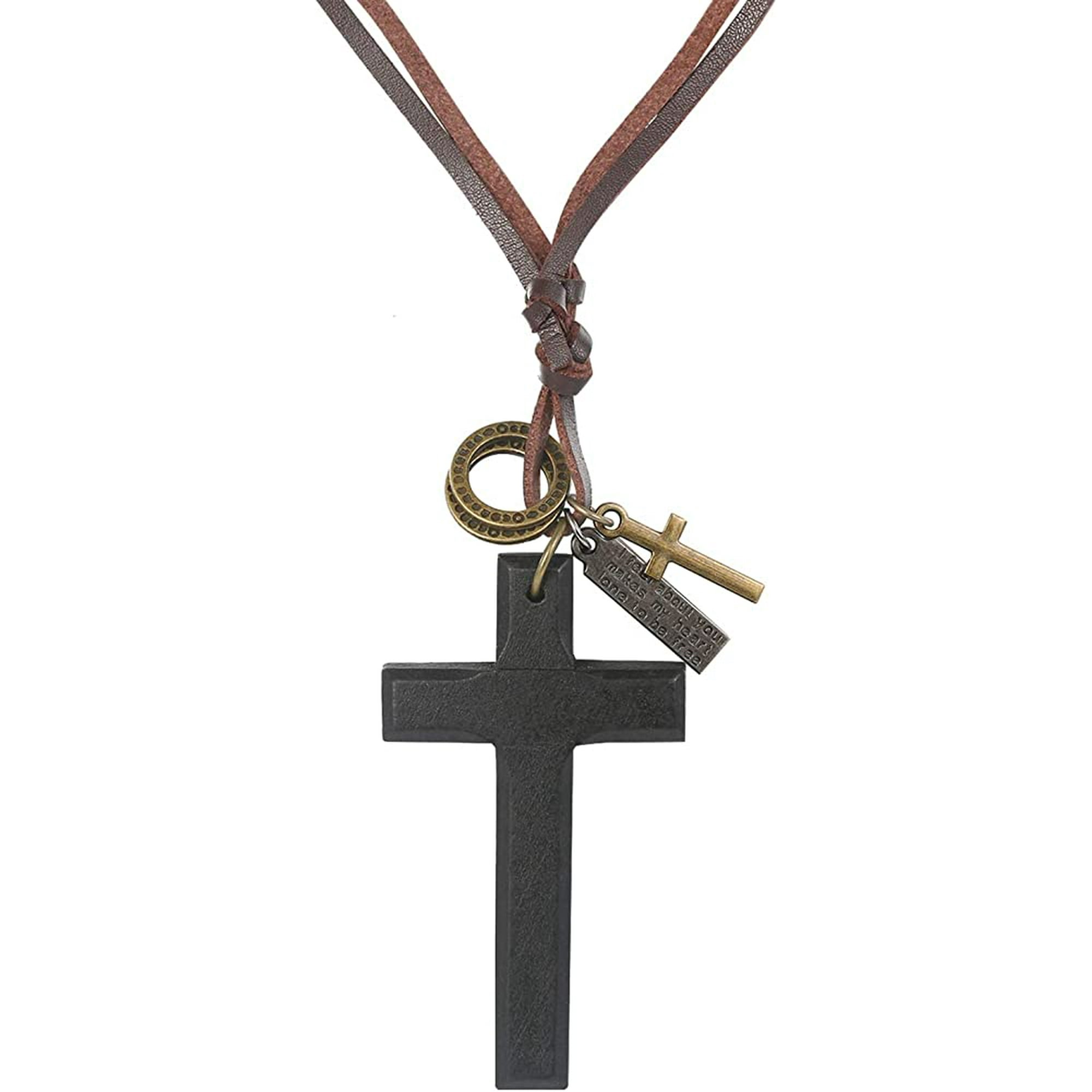 Qucyy Men s Leather Necklace Vintage Wooden Cross Script Tag Rings Cross Pendant Adjustable Long Necklace Leather Chain Black Brown