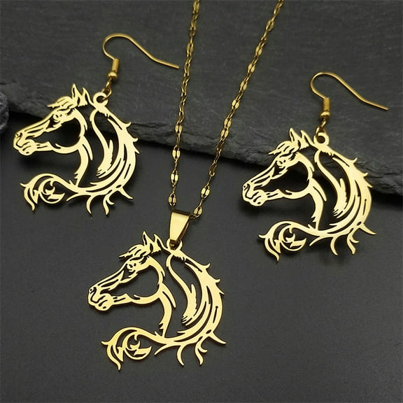 New fashion horse-head 14K Yellow Gold earrings pendant necklace set accessories temperament all collared bone chain earrings