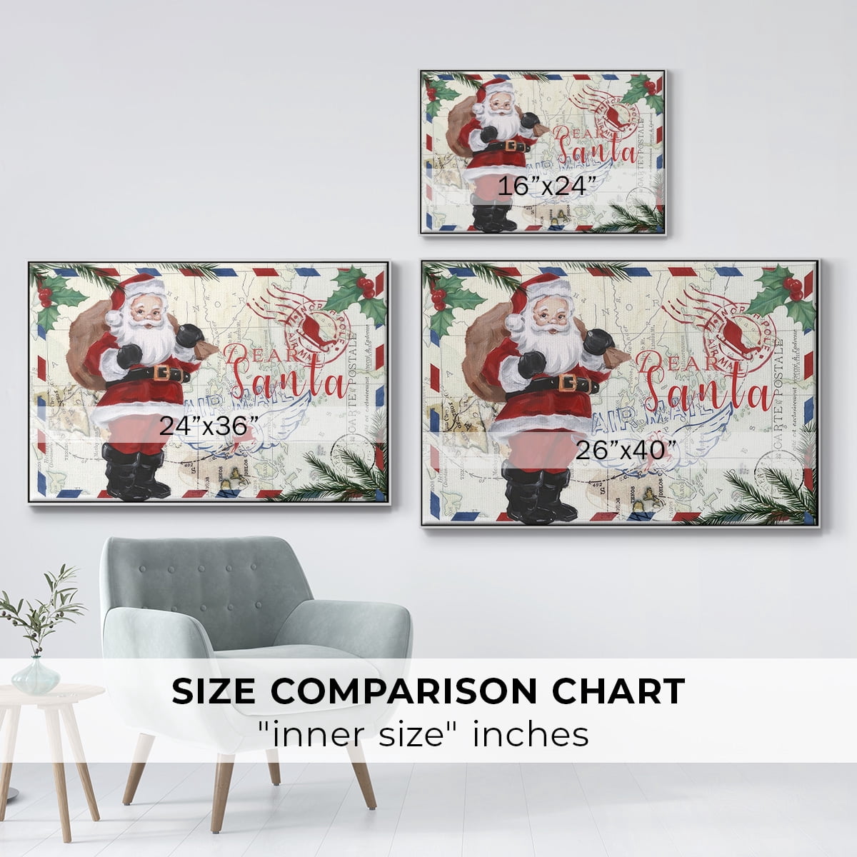 Christmas Par Avion Collection A - Framed Gallery Wrapped Holiday Canvas - 17 x 25 - White Frame