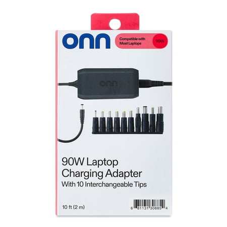 ONN 90W LAPTOP CHARGER WITH 10 INTERCHANGEABLE TIPS, 10FT POWER CORD, FOR HP, DELL, LENOVO, GREY