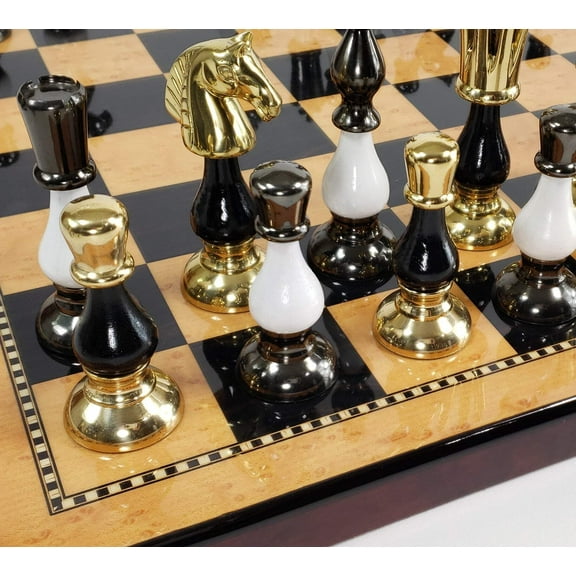 LARGE Brass Metal Gold Black Spike Staunton Chess Set 18" Walnut Color Board