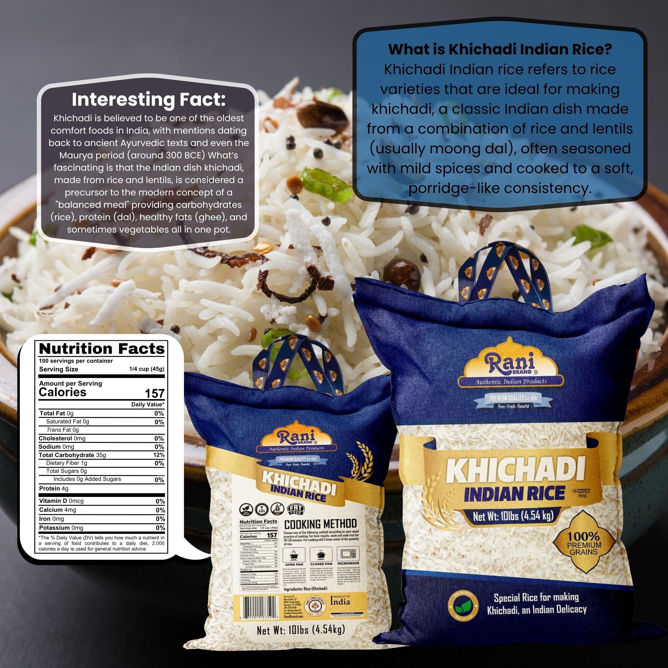Rani Khichadi Indian Rice 160oz (10lbs) 4.54kg Cloth Bag ~ All Natural | Gluten Friendly | Vegan | Kosher | Export Quality | Indian Origin