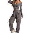 thumbnail image 2 of Bzdzmqm Women's 2 Piece Outfits V Neck Long Sleeve Crop Top and Wide Leg Pants Set Casual Lounge Matching Tracksuit Solid Basic Fall Travel Vacation Daily Wear Comfy, Dark Gray L, 2 of 6