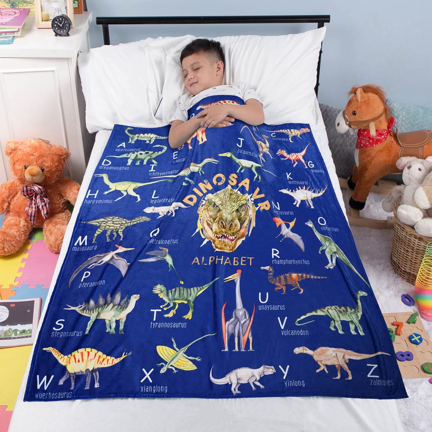 Kids Dinosaur Alphabet Blanket for Boys Dino Blanket Birthday Christmas Dinosaur Gifts for Boys, 50x60 Inch