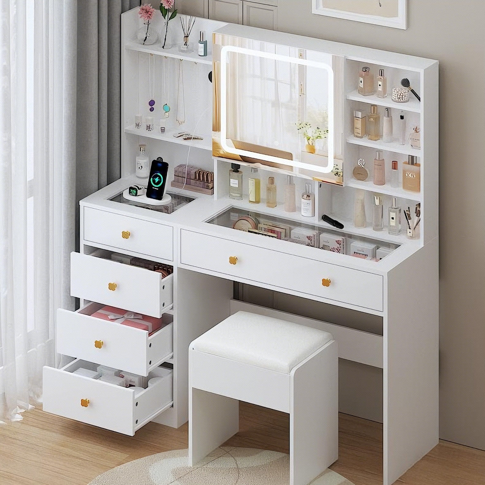 Ktaxon Vanity Set with Lighted Mirror and Stool, Adjustable Lights