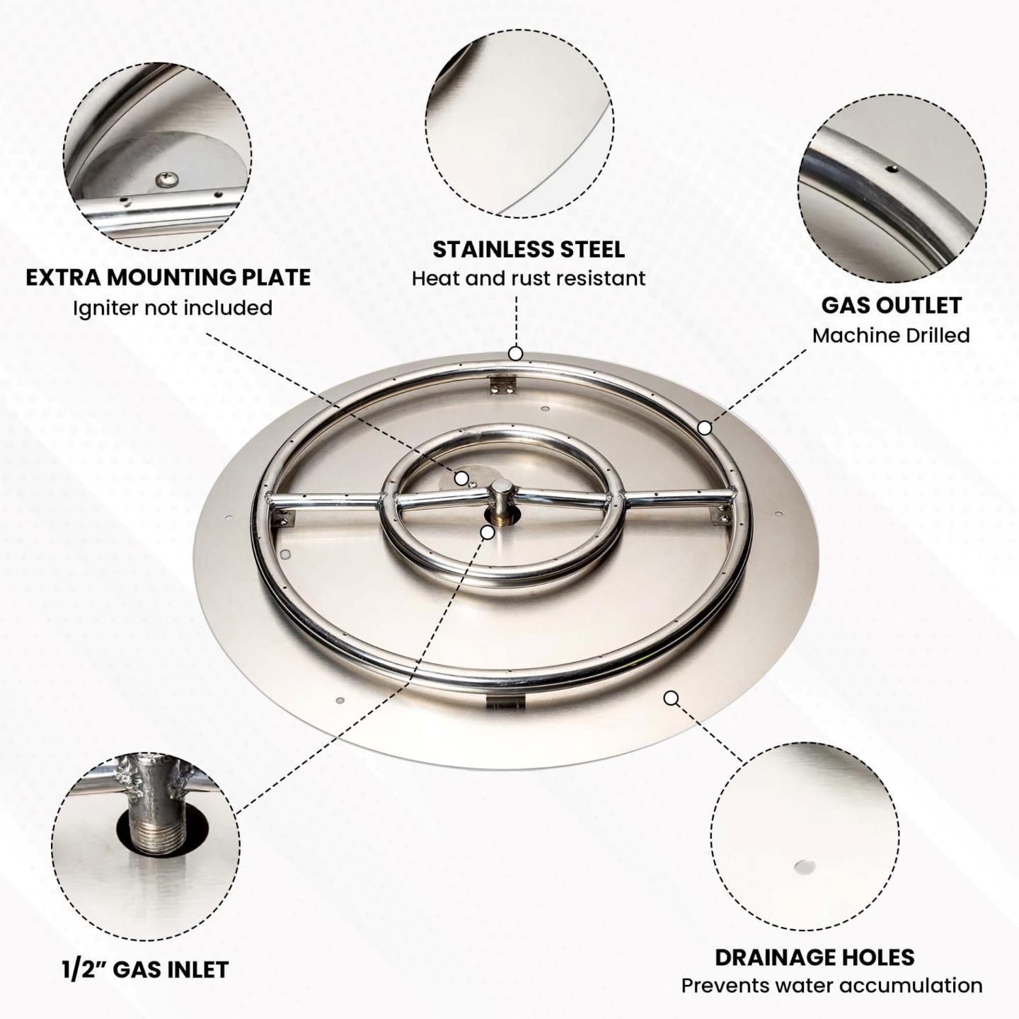 Dreffco Stainless Steel Fire Pit Burner Pan & Ring Standard Kit with Spark Ignition for Natural Gas, 30-Inch Pan, 24-Inch Ring, 150,000 BTU Max