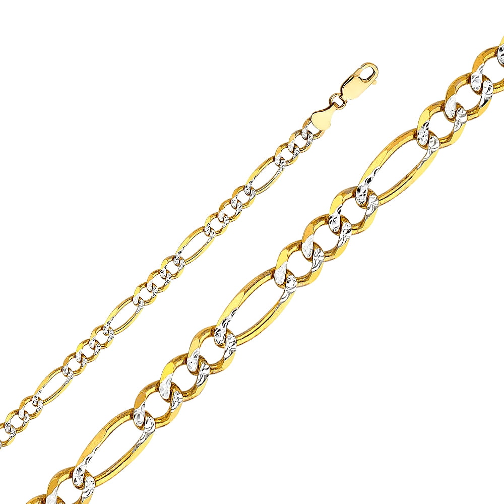 FB Jewels 14K White and Yellow Gold Two Tone Figaro White Pave Chain Necklace With Lobster Claw Clasp