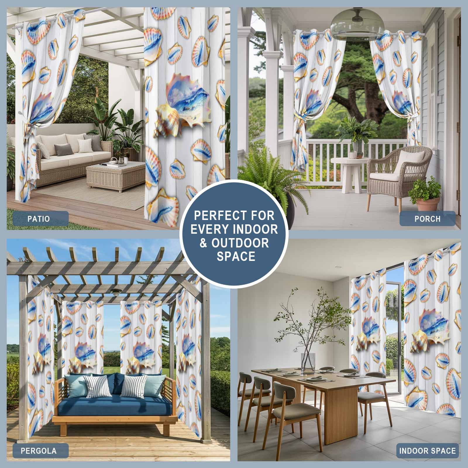 Ocean Shell Outdoor Curtains for Patio, Summer Seaside Beach Wave Conch White Wood Grain Sunshade Privacy Drapes Grommet Waterproof Outside Curtains for Porch/Cabana/Balcony 54"x 108", 1 Panel