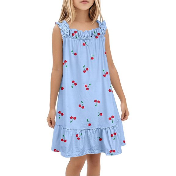 FYDUU Girls Nightgowns Summer Floral Dress Tiered Ruffle Spaghetti Strap Soft Cute Casual A-Line Dress Lightweight Sleepwear Sundress 5-6 Years