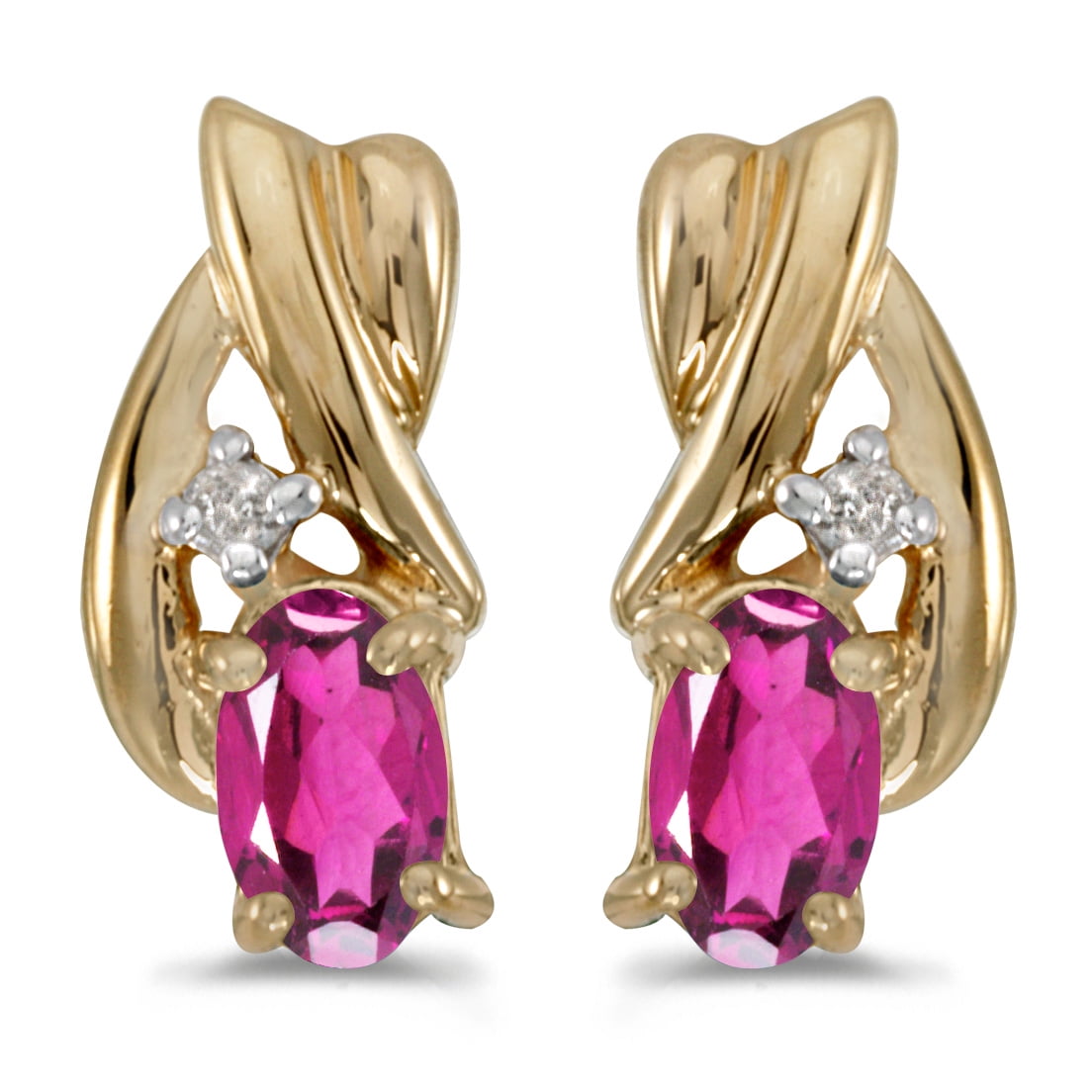 14k Yellow Gold Oval Pink Topaz And Diamond Earrings by